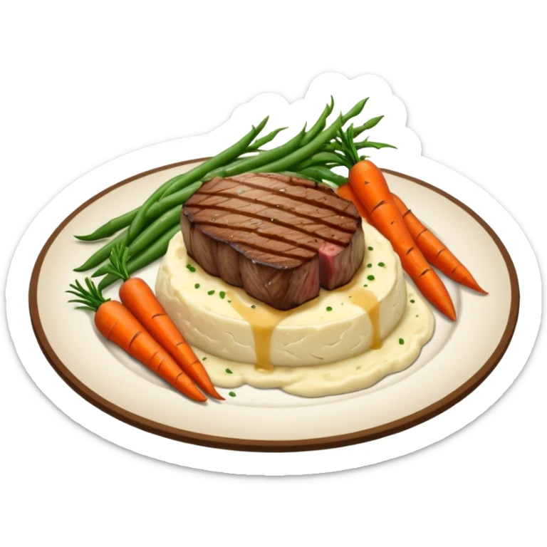 Medium well Wagyu steak on a bed of creamy garlic mash potatoes couples with pan seared carrots and  green beans sticker