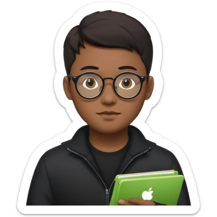 a asia man guy his 20s wearing an apple notebook, wearing bodyguard radio operator, round glasses, blackclothes sticker