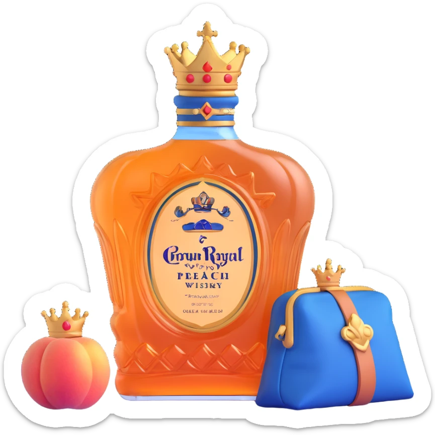 Crown Royal Peach whisky bottle with peach-colored bag and gold crown sticker