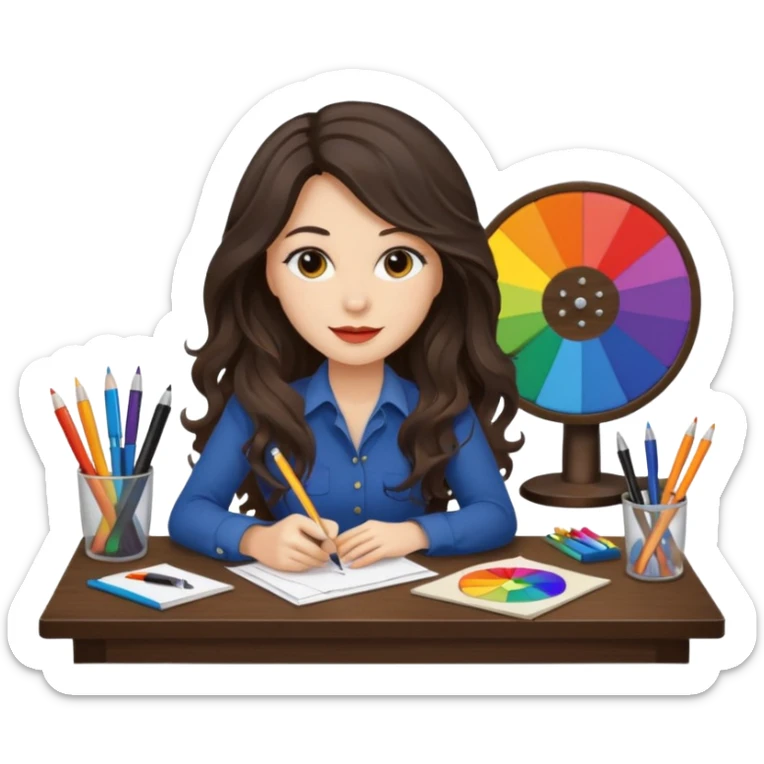 female dark wavy long hair graphic designer , color wheel, pens, papers, desktop sticker