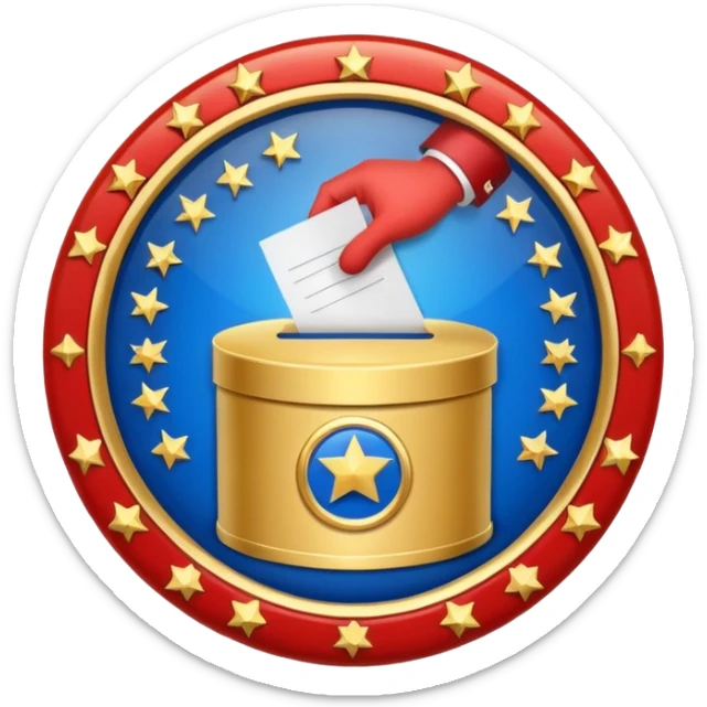 circular achievement style badge for first voter featuring a ballot box and a classy border sticker