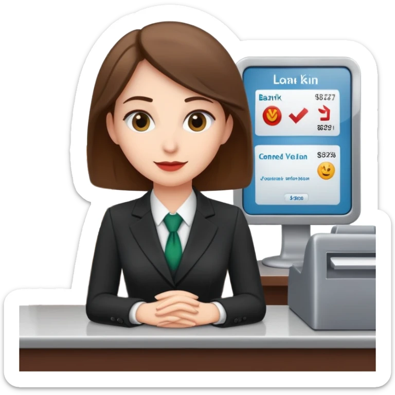 Professional female bank clerk in formal business attire behind a counter sticker