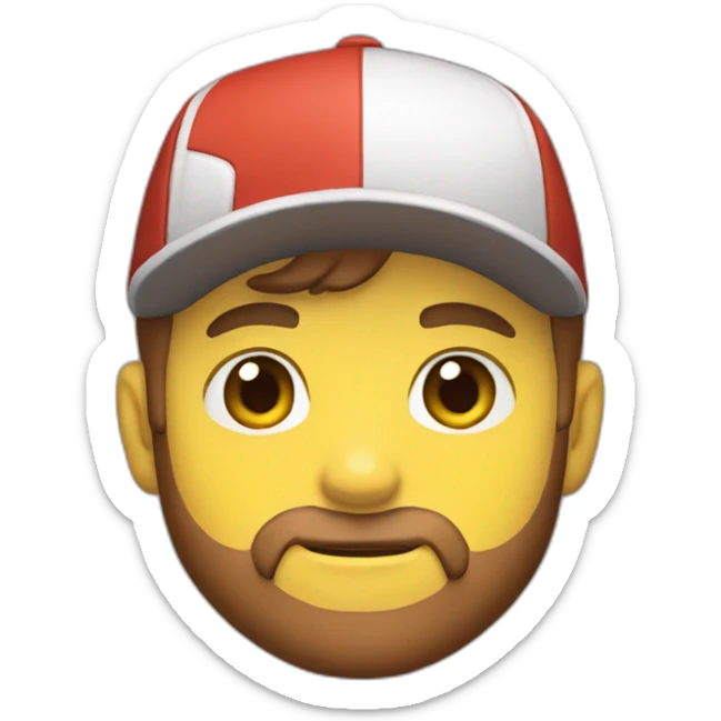 white man with brown hair and beard and a red cap, holding and a pikachu pokemon sticker