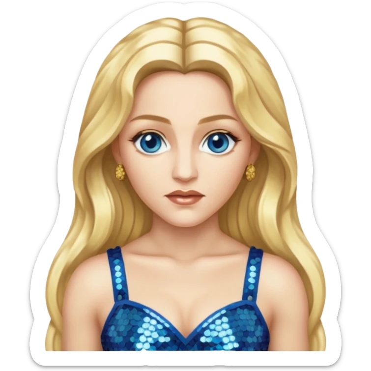 Madonna with blonde long hair, gold sequin crop top, blue eye sticker