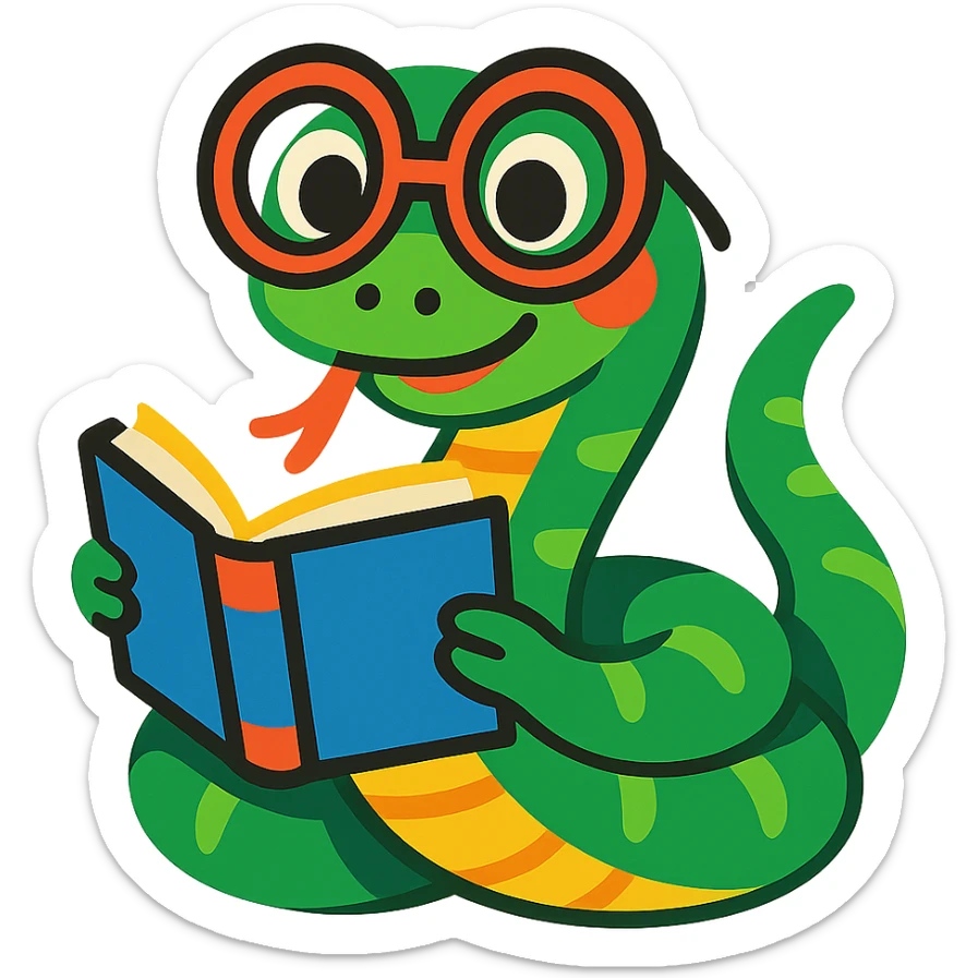 cute snake with big glasses, bookish look, playful style, colorful cartoon sticker