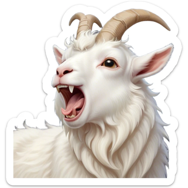 Cinematic Cute Yawning White Goat Portrait Emoji, Head tilted slightly with a dramatic, wide-open yawn, showcasing a soft, downy white fur with delicate horns and gently drooping ears, round eyes barely open in drowsy contentment, Simplified yet irresistibly adorable features, highly detailed, glowing with a soft, cozy glow, high shine, relaxed yet expressive, stylized with a touch of whimsy, bright and endearing, soft glowing outline, capturing the essence of a sleepy yet affectionate goat, so drowsy it feels like it could stretch out of the screen and curl up for a nap! sticker