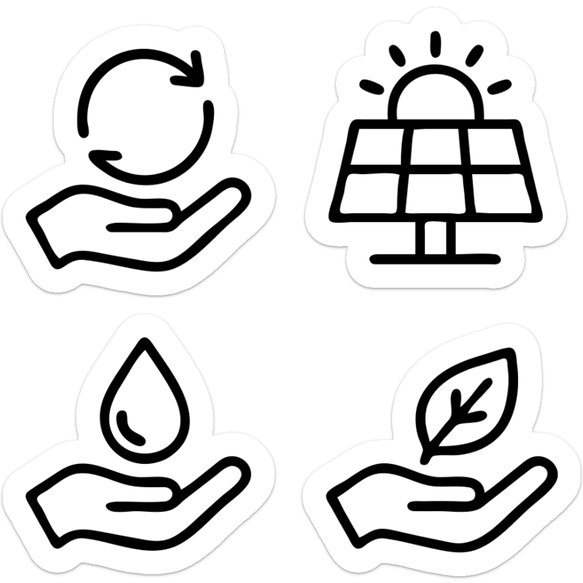 Hand Icons. Ecology and environment icon set. Green energy, recycling, and sustainability symbols. Vector collection for eco-friendly concepts like solar power, clean water, and nature care sticker