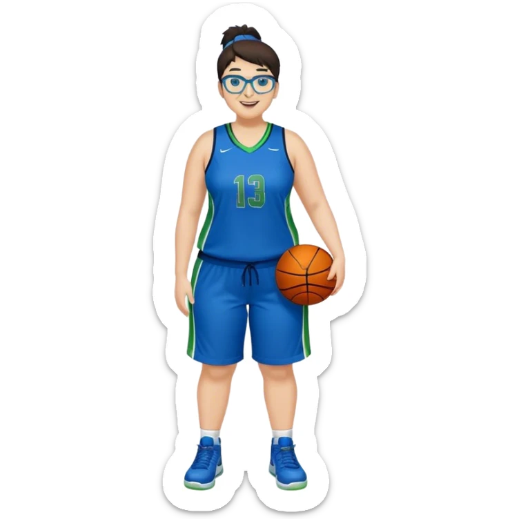 Full Body plus size white female basketball player with short dark hair with highlights spike hair wearing blue glasses  wearing blue green uniform smiling sticker