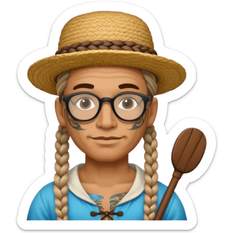 very tattoed face, normal glassess, fat venice gondolier with iconic hat and thick braided hair sticker