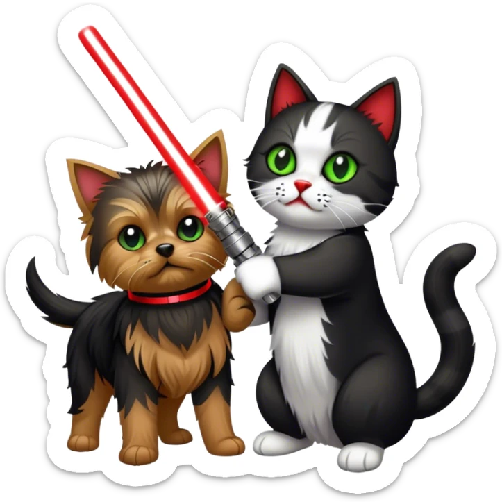 yorkshire terrier with green lightsaber fighting a black and white cat with a red lightsaber sticker