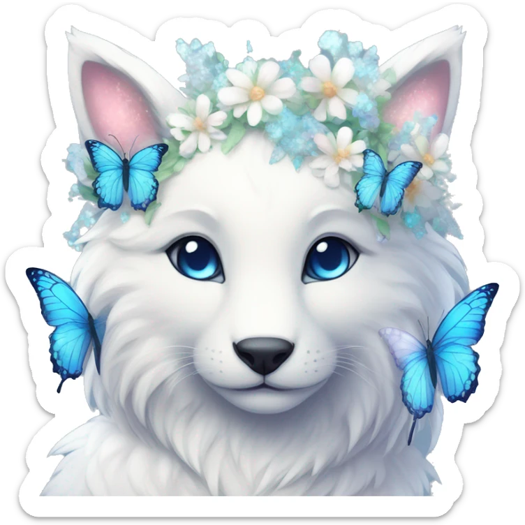 Anthro Cute Cool Kawaii gorgeous sparkly ethereal white fantasy animal creature with blue eyes furry sona with flowers and butterflies beautiful aesthetic sticker