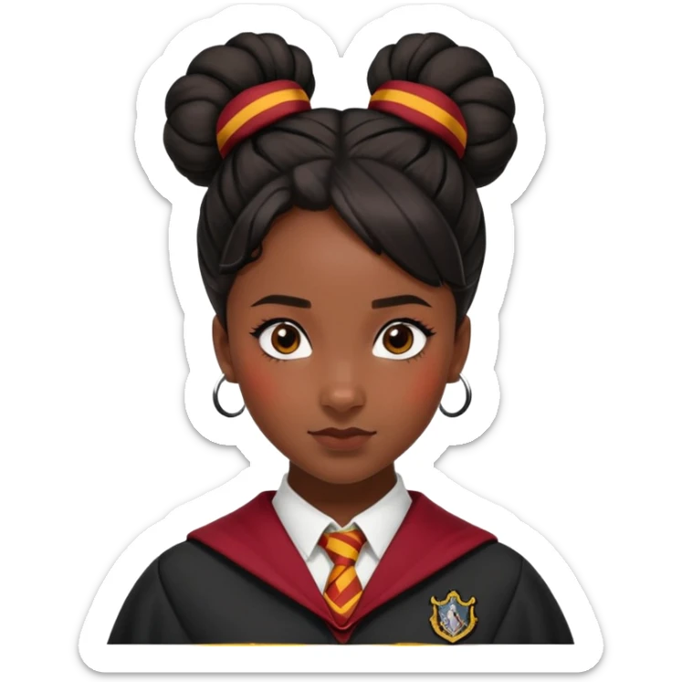 alicia spinnet in harry potter, wear hogwarts gryfindor uniform, black knot bun hair, black skin sticker