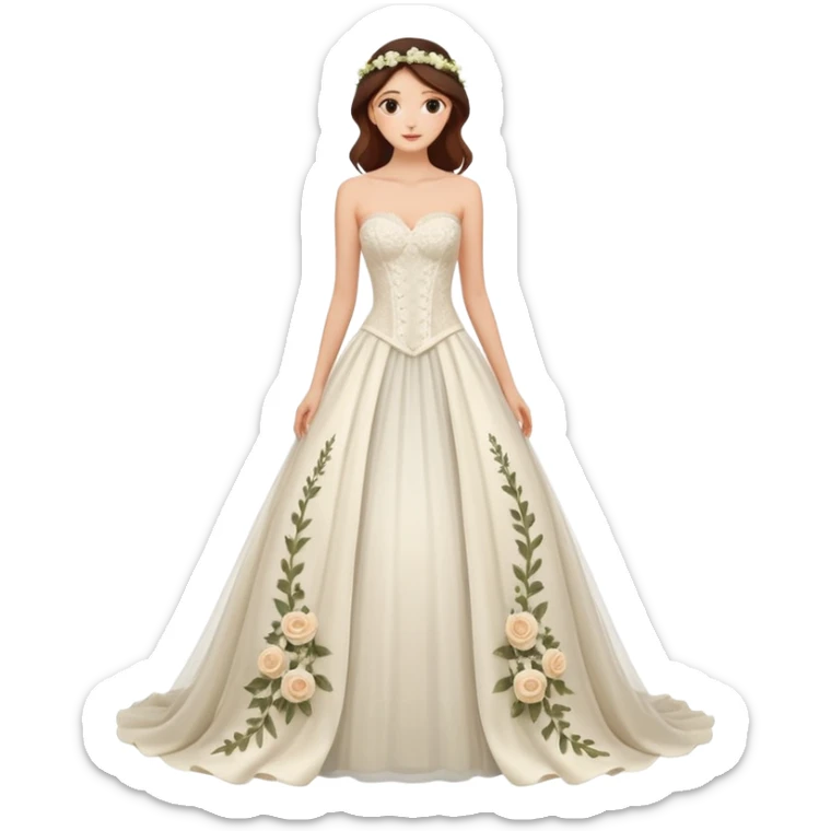 A romantic strapless A-line wedding gown with a sheer lace corset bodice and flowing floral applique skirt. sticker