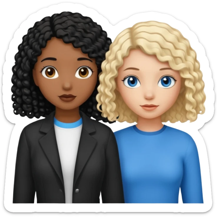 Girl best friends, one white with blond bob and blue eyes, one black with long black curly hair sticker