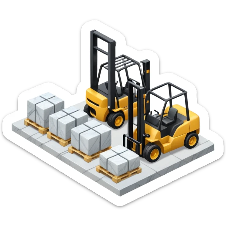 warehouse with forklifts and slabs of amrble stone  isometric view from th outsideeslabs, forklifts, no vehicles no robots sticker