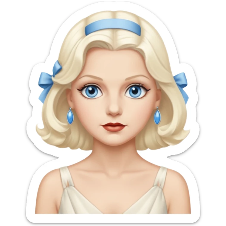 Jean Harlow with blue eyes, platinum blonde hair, ivory outfit sticker