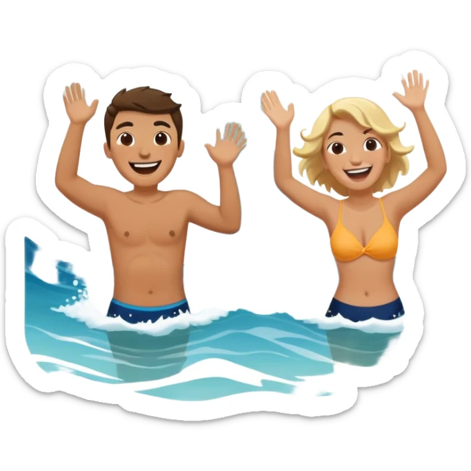 A person splashing water at their friend in the ocean, both laughing as the waves roll around them. The sun shines warmly above, capturing the joy of creating fun, embracing connection, and appreciating the moment with someone who makes life feel lighter.  sticker