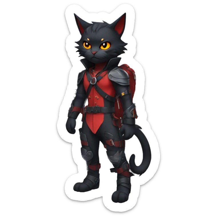Cool Edgy Fantasy Litten-Nargacuga-Cat with black bat-wing-ears with a red harness full body sticker