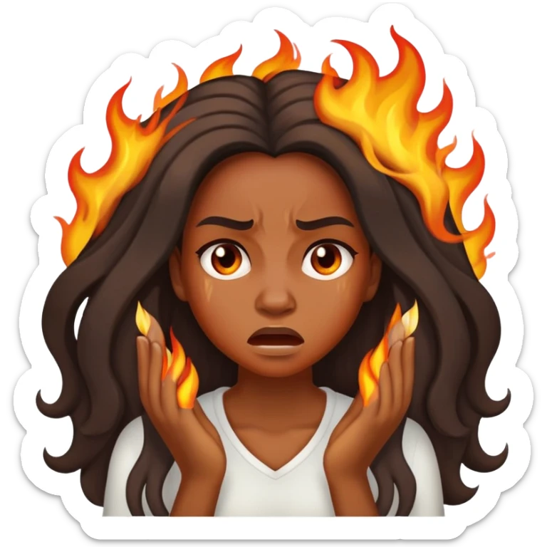 African American woman with long hair, frustrated face expression, with her hair on fire sticker