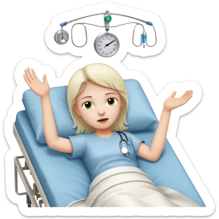 person lying in hospital bed with their eyes open holding up their left hand sticker