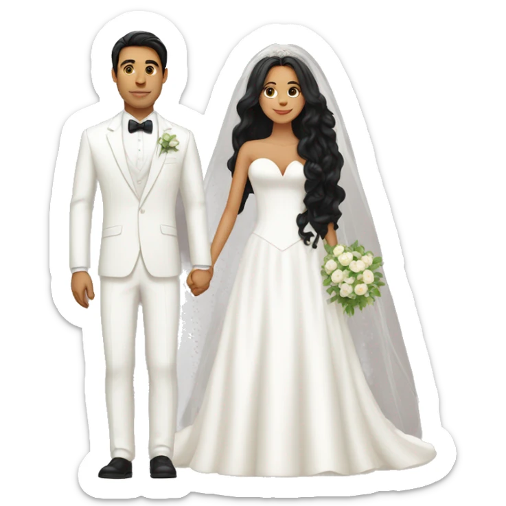 Thick bride with long hair and tan groom with white suit and black hair sticker