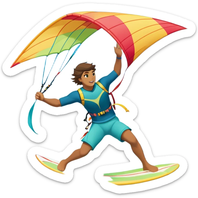 A kite surfer soaring above the waves, holding onto a kite with the wind in full force. The background showcases the ocean and sky, emphasizing the freedom, thrill, and energy of the sport. The motion of the kite and board is dynamic, capturing the excitement of kiting. sticker