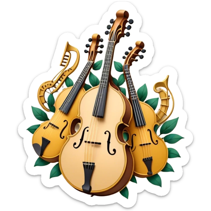 Design a sophisticated and festive emblem-like emoji representing plucked and stringed instruments. The layout should resemble a heraldic crest, featuring iconic instruments like a banjo, mandolin, domra, and sitar, artistically arranged in an elegant and symmetrical way. The necks of the instruments should be intertwined with a flowing ribbon of musical notes, winding around the strings and fretboards. The design should be detailed, showcasing the intricate carvings on the instruments, visible strings, and fret markers. Use a rich color palette with deep golds, browns, and vibrant accents to evoke a sense of luxury and celebration. The musical notes should appear to float around the instruments, connecting them in a graceful, dynamic way. Include ornate flourishes or decorative elements like laurels, swirls, or subtle engravings to give the image a professional, emblematic appearance. The background should be transparent. sticker