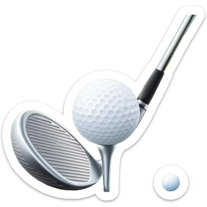 A close-up golf ball on a tee, with a golf club placed beside it, set on a well-manicured green. The background is a peaceful golf course with a clear blue sky, emphasizing the tranquility and skill required for the sport. sticker