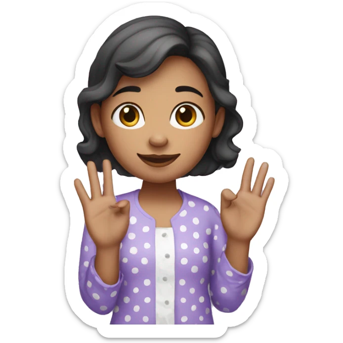 A girl with lavender kurti white spots showing three fingers in one hand sticker