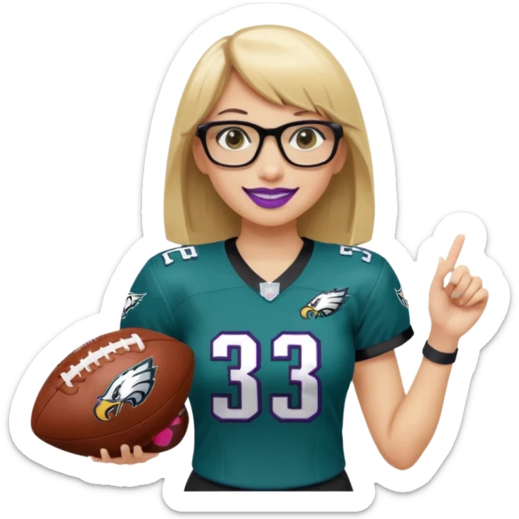 full length women wearing eagles uniform, medium blonde hair, straight across bangs, black glasses, holding football, number 33, smiling, purple lipstick sticker