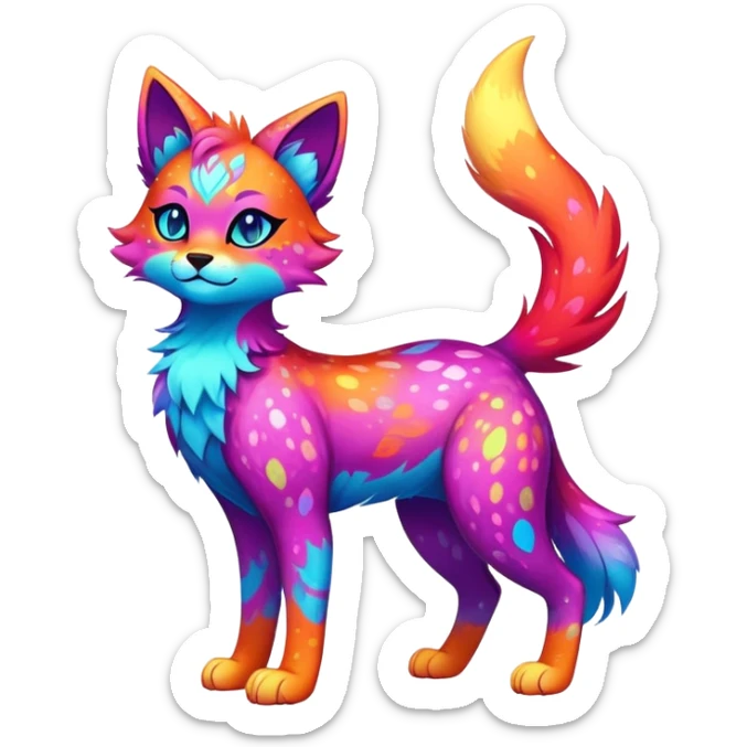 Vibrant multicolored neon-colored Falvie-Fionbri-creature-sparkle-feline-canine-hybrid-fursona, full body, fur pattern-markings sticker