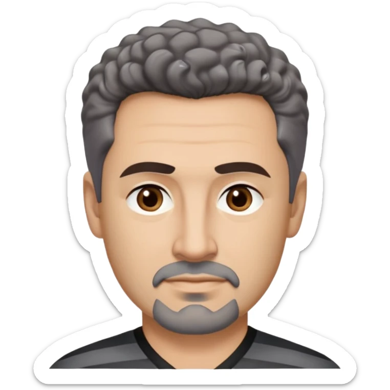 Man in his early 50s with tan complexion. Strong square jawline. Dark brown eyes with focused expression. Thick eyebrows. Black goatee with subtle gray hairs. Short curly dark hair with slight receding hairline. Slight confident smile. Wearing a black V-neck shirt with gray stripes. sticker