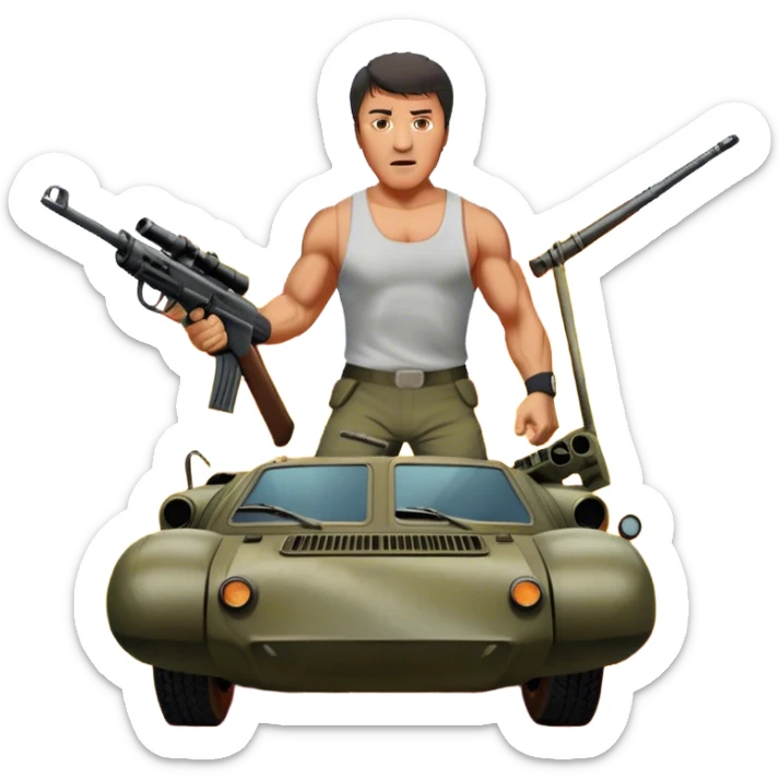 Icon for Action Movie: A vintage movie poster-style design featuring intense action scenes with explosions, weapons, and dramatic poses of Stallone. Include cars and helicopters flying out of flames in the background. Bold typography and retro cinematic style. Transparent background. sticker