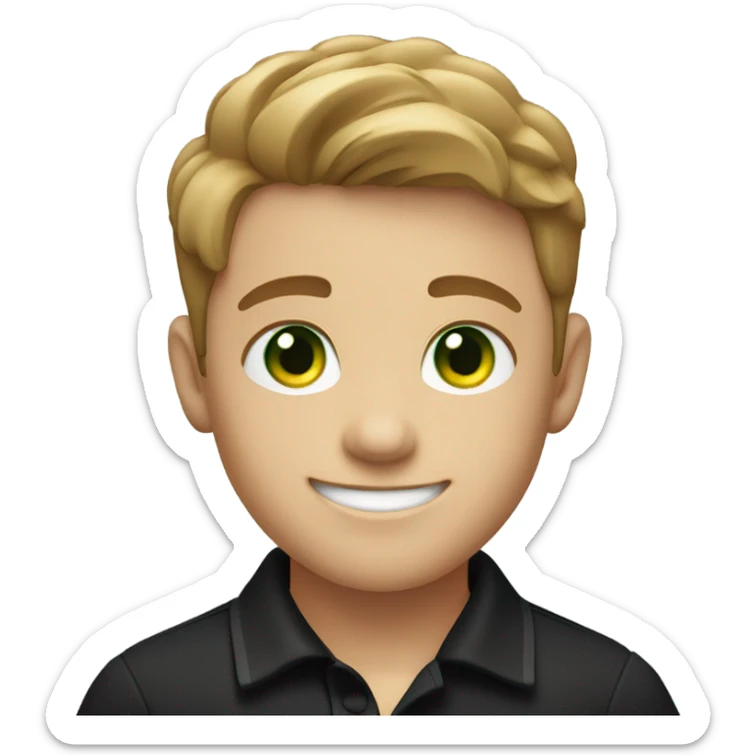 a boy with green eyes and light brown hair wearing a black polo smiling sticker