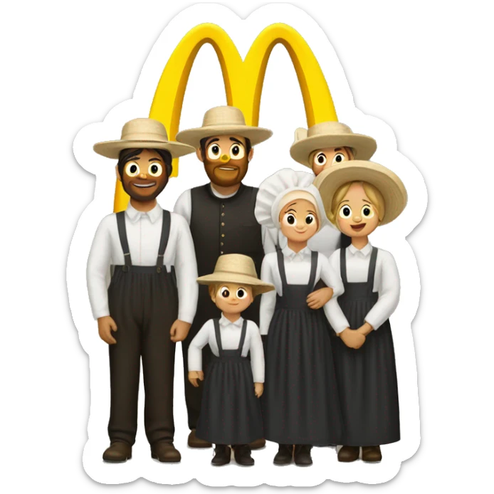 Amish family wearing bonnets under big McDonalds Golden Arches sticker