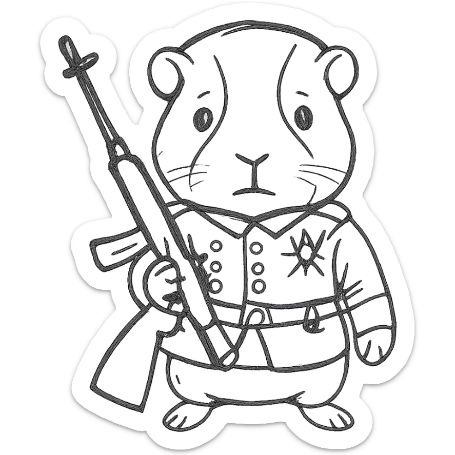Remove the hat from the guinea pig. Move the gun so it is held across the guinea pig's chest. Keep the military uniform and style the same, hand drawn icon style with no fill, maintaining the original military uniform details and pose. sticker