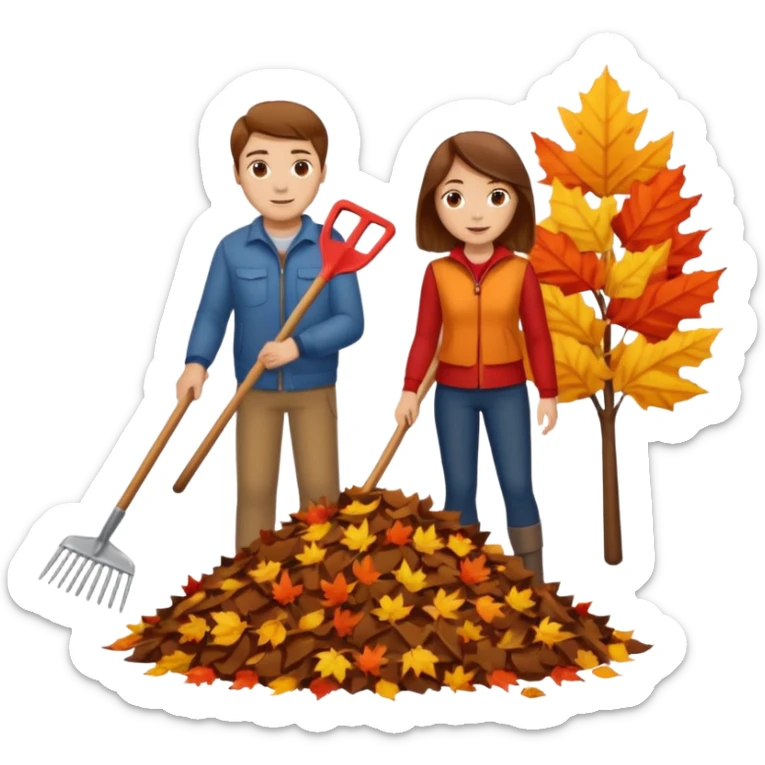 a couple man and woman both brown hair light skin racking leafs sticker