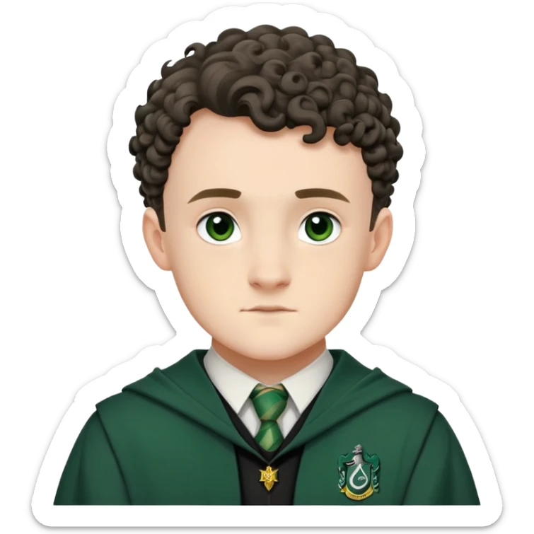 Josh Herdman is Gregory Goyle in harry potter, wear hogwarts slytherin uniform, curly short hair sticker