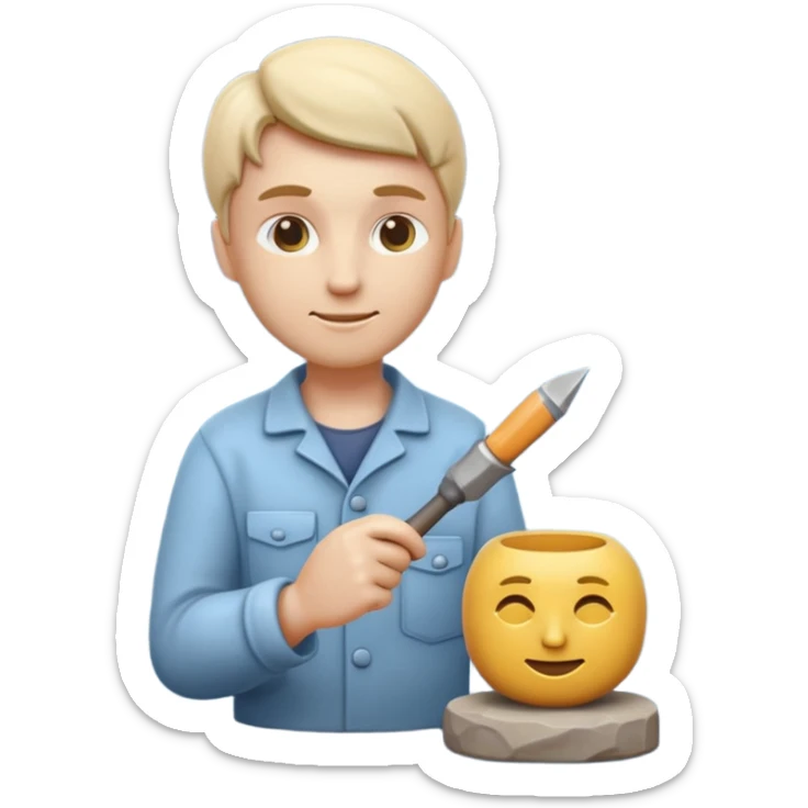 Apple Memoji-style 3D emoji of a sculptor with a small statue and chisel, smooth gradients, rounded edges, no background.during sculpting rock sticker
