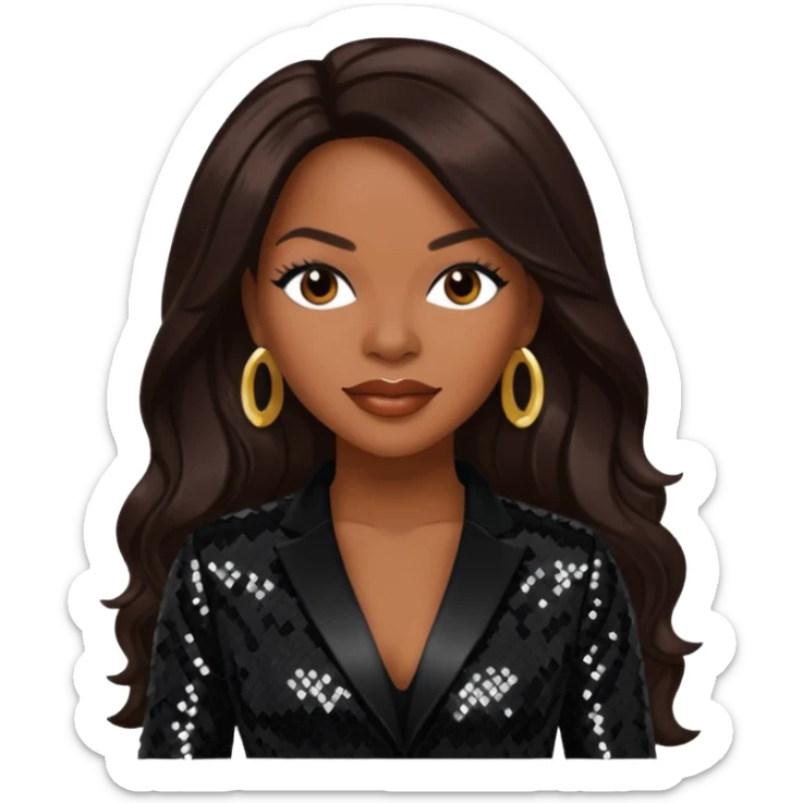 Dawn Robinson from En Vogue with long dark brown hair, black sequin outfit sticker