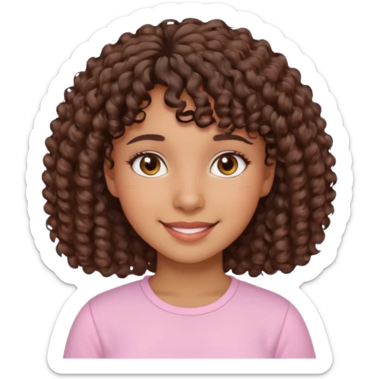 A Latina girl with brown eyes and short curly hair with curly bangs with a light pink shirt sticker