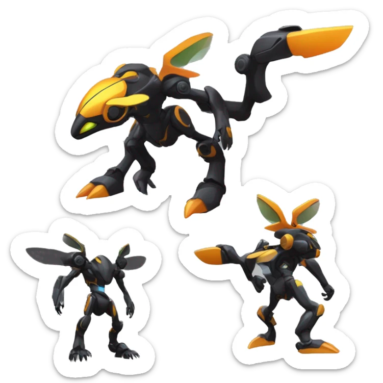 a shiny metallic black-orange-yellow Genesect-Flygon-Raptor-Fakémon-Medabot-hybrid with a futuristic visor-helmet full body sticker