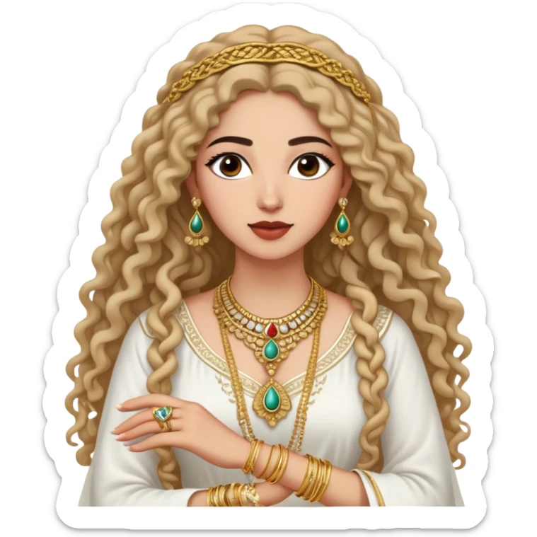 The Palestinian woman, she had long curly hair and well defined eyebrows wears a white traditional dress. Her accessories steal the spotlight—intricately designed gold bangles, statement rings, and layered necklaces—each piece exuding heritage and craftsmanship.  sticker