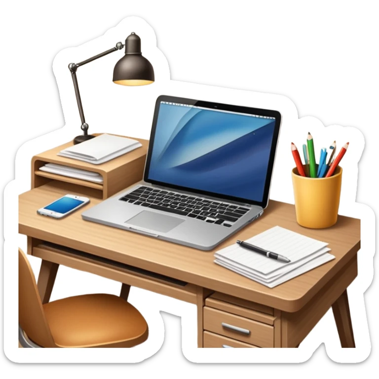 emoji of a cozy desk with a paper and a laptop on it sticker