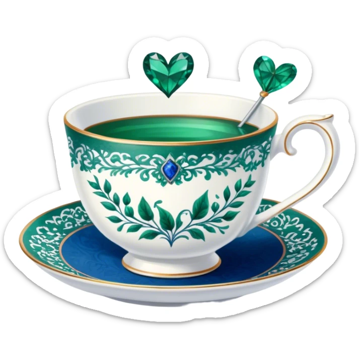 A delicate teacup with an intricate vintage emerald green floral design, set beside a love letter with deep blue ink. sticker