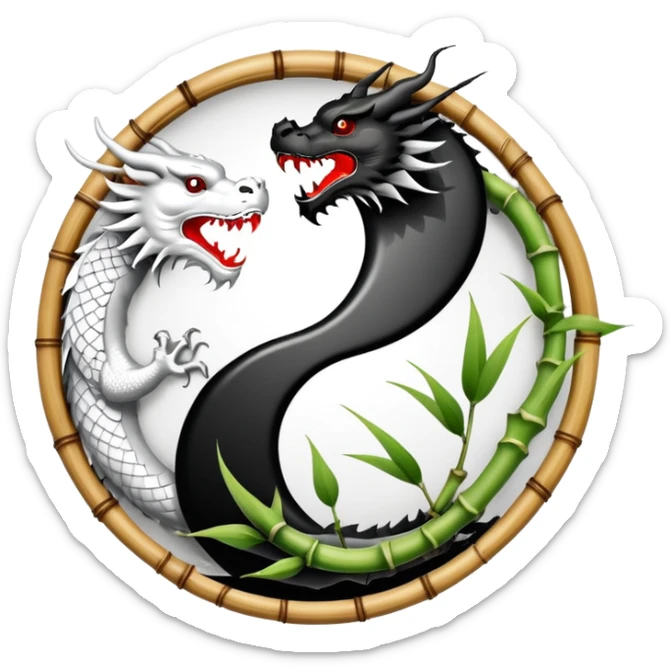An icon symbolizing Eastern martial arts in the style of an emblem, with a black-and-white Yin-Yang symbol at the center. A dragon is placed on either side, representing strength and wisdom. The design includes bamboo and traditional elements. Transparent background sticker