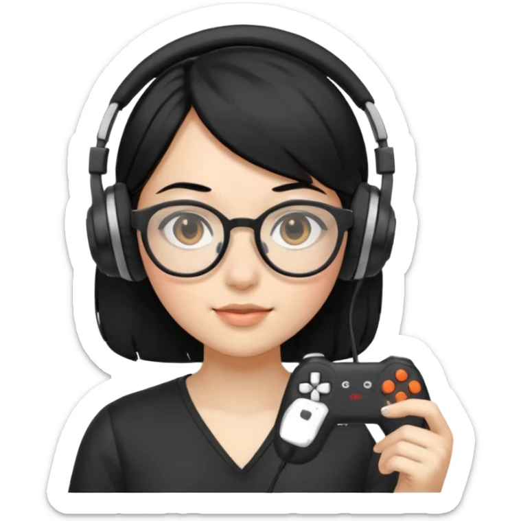 
gamer, black hair girl with glasses, headphone, gamepad sticker