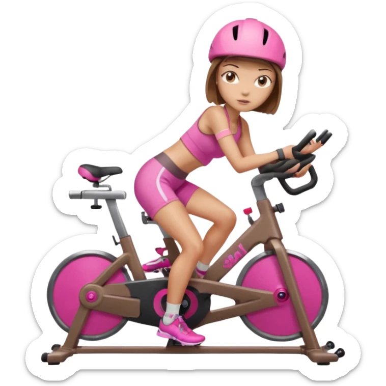 Light tan girl with a brown bob hat style with pink highlights in a pink workout set leaning on a indoor cycle bike sticker