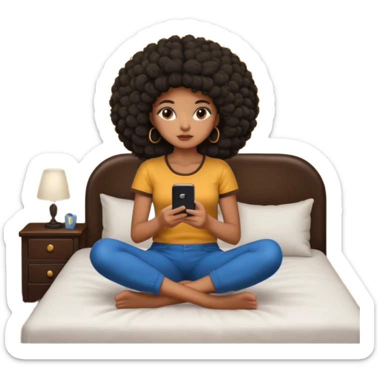 a slim thick black girl sitting on her bed with a big afro her phone sticker