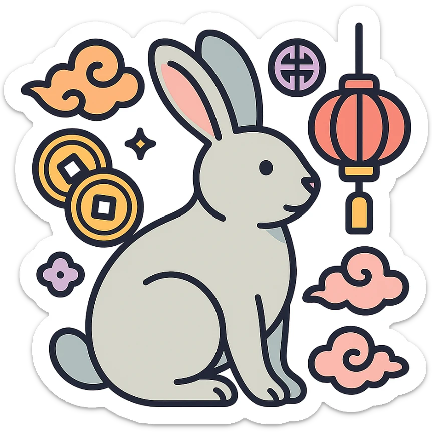 rabbit, symbol of the year in feng shui, Chinese style, thin clean outlines, soft rounded shapes, pastel palette #98B5BC, #B5B3C1, #C9A3C9, #E4C0CA, #F7DCD1, #F7C0AA, modern Japanese pop art and sticker aesthetics, detailed shadows and highlights, soft lighting, transparent background, with Chinese decor (coins, lanterns, clouds, patterns) sticker